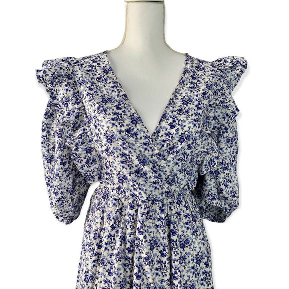 H&M Women’s Blue and White Floral Anglaise Puffed Sleeves Oversized Mini Dress M - Picture 4 of 11